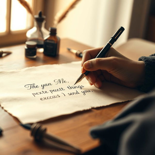 A close-up scene depicting a hand-writing on a piece of parchment with an ink pen, the hand elegantly positioned, showing an intricate signature style