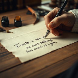 A close-up scene depicting a hand-writing on a piece of parchment with an ink pen, the hand elegantly positioned, showing an intricate signature style