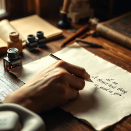 A close-up scene depicting a hand-writing on a piece of parchment with an ink pen, the hand elegantly positioned, showing an intricate signature style