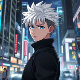 A realistic depiction of Satoru Gojo, a popular character from anime, as a human male in a contemporary urban setting