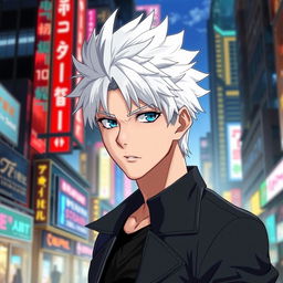 A realistic depiction of Satoru Gojo, a popular character from anime, as a human male in a contemporary urban setting