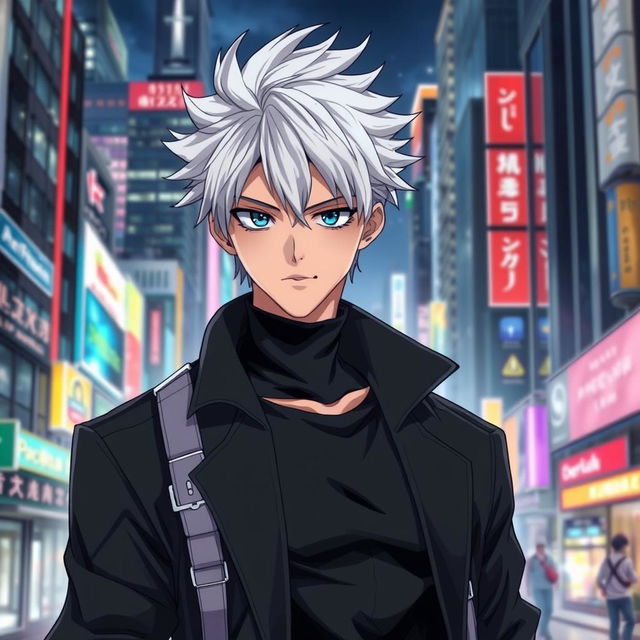 A realistic depiction of Satoru Gojo, a popular character from anime, as a human male in a contemporary urban setting