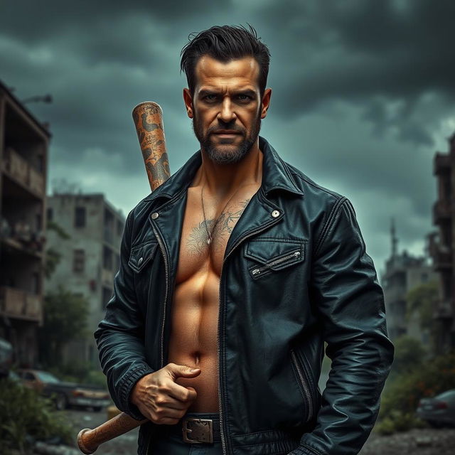 A rough portrait of a tall, muscular man with a confident smirk, dressed in a black leather jacket, standing with a baseball bat in hand