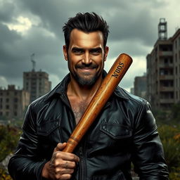A rough portrait of a tall, muscular man with a confident smirk, dressed in a black leather jacket, standing with a baseball bat in hand