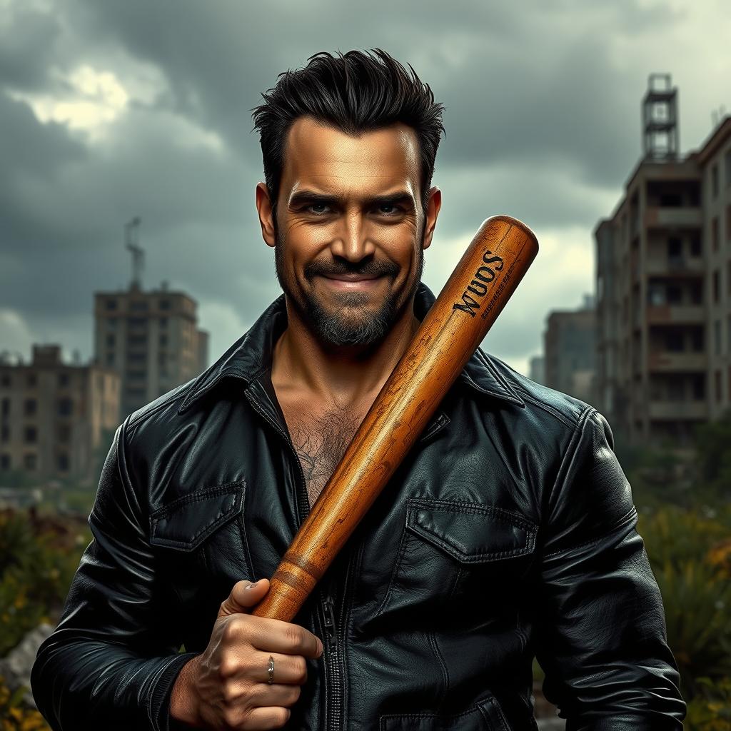 A rough portrait of a tall, muscular man with a confident smirk, dressed in a black leather jacket, standing with a baseball bat in hand