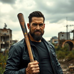 A rough portrait of a tall, muscular man with a confident smirk, dressed in a black leather jacket, standing with a baseball bat in hand
