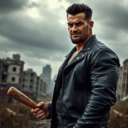 A rough portrait of a tall, muscular man with a confident smirk, dressed in a black leather jacket, standing with a baseball bat in hand
