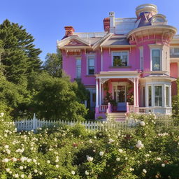 A large painted Victorian-era mansion with a beautiful garden full of roses and a white picket fence surrounding it.