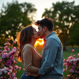 A romantic scene featuring two adults passionately kissing in a serene park at sunset