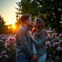 A romantic scene featuring two adults passionately kissing in a serene park at sunset