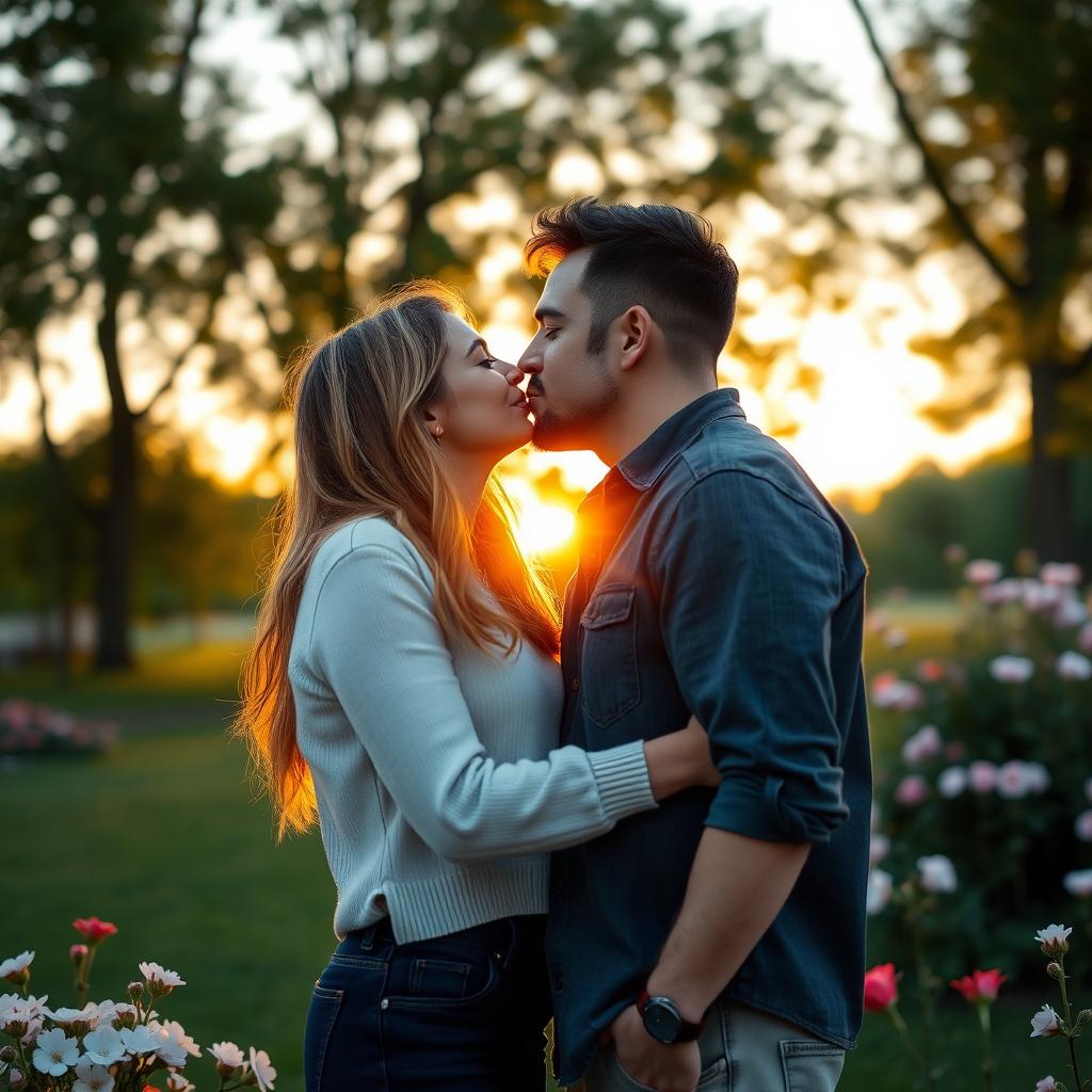 A romantic scene featuring two adults passionately kissing in a serene park at sunset
