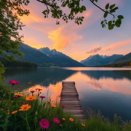 A serene landscape featuring a tranquil lake surrounded by lush greenery and majestic mountains in the background