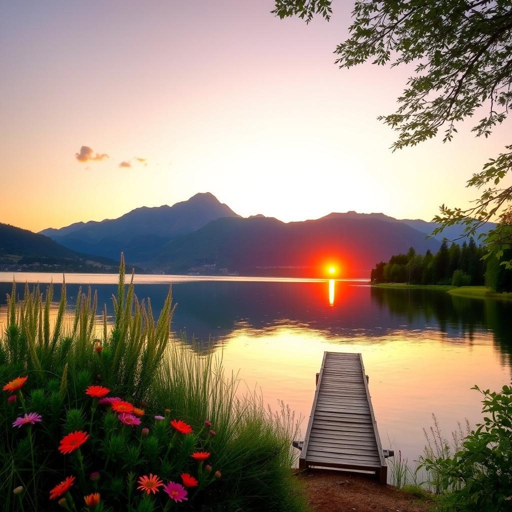 A serene landscape featuring a tranquil lake surrounded by lush greenery and majestic mountains in the background