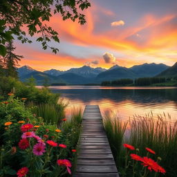 A serene landscape featuring a tranquil lake surrounded by lush greenery and majestic mountains in the background