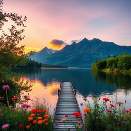 A serene landscape featuring a tranquil lake surrounded by lush greenery and majestic mountains in the background
