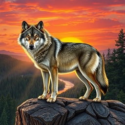 A majestic wolf standing on a rocky cliff at sunset, with a vibrant orange and pink sky in the background