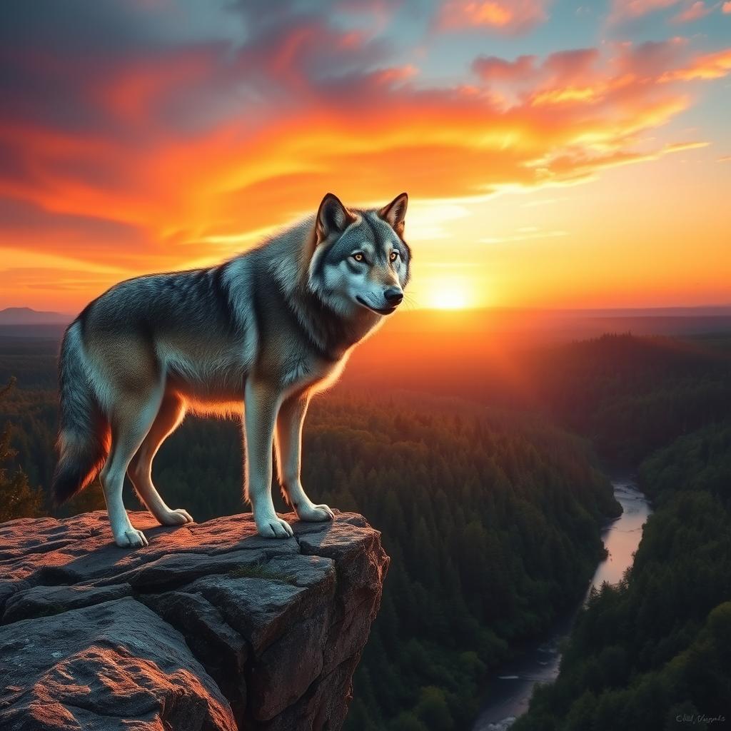 A majestic wolf standing on a rocky cliff at sunset, with a vibrant orange and pink sky in the background