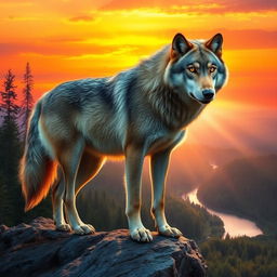 A majestic wolf standing on a rocky cliff at sunset, with a vibrant orange and pink sky in the background