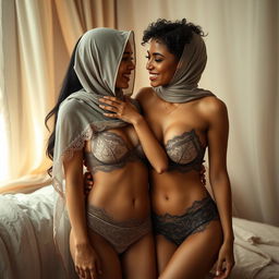 A strikingly beautiful scene depicting two women in lingerie, both wearing elegant hijabs, embracing affectionately in a softly lit room