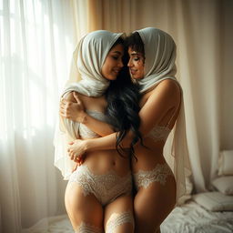 A strikingly beautiful scene depicting two women in lingerie, both wearing elegant hijabs, embracing affectionately in a softly lit room