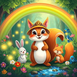 A colorful illustration of a cheerful squirrel named Zippy, wearing a tiny explorer hat, standing under a bright rainbow in a lush green forest
