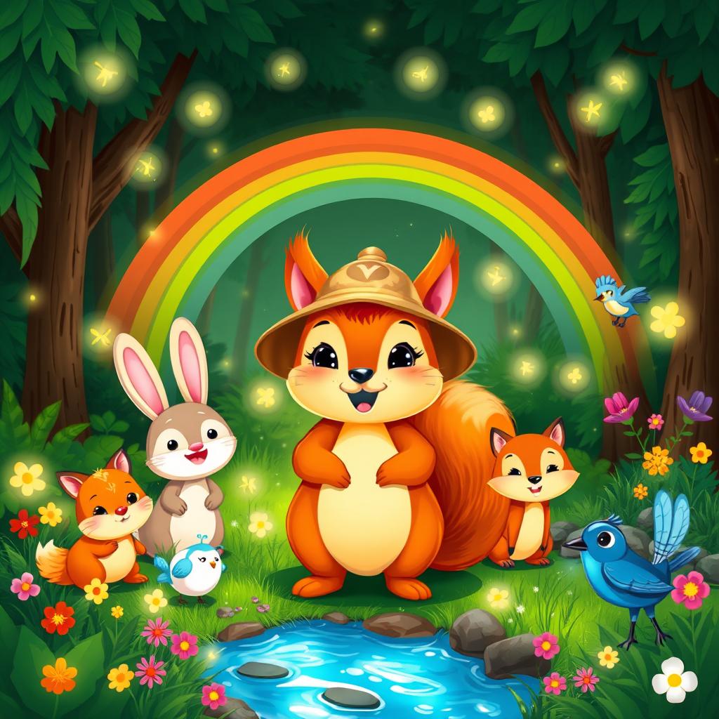 A colorful illustration of a cheerful squirrel named Zippy, wearing a tiny explorer hat, standing under a bright rainbow in a lush green forest