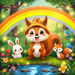 A colorful illustration of a cheerful squirrel named Zippy, wearing a tiny explorer hat, standing under a bright rainbow in a lush green forest