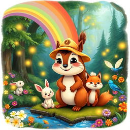 A colorful illustration of a cheerful squirrel named Zippy, wearing a tiny explorer hat, standing under a bright rainbow in a lush green forest