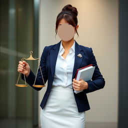 A confident and professional female lawyer standing upright, with a balanced law scale in one hand and a law book in the other
