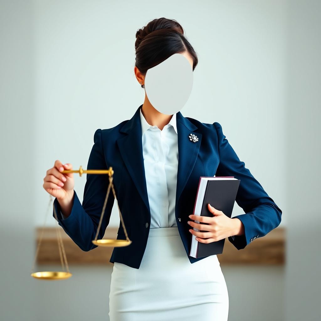 A confident and professional female lawyer standing upright, with a balanced law scale in one hand and a law book in the other