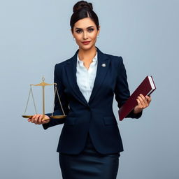 A confident and professional female lawyer standing upright, with a balanced law scale in one hand and a law book in the other