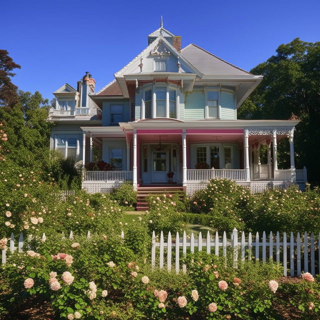 A large painted Victorian-era mansion with a beautiful garden full of roses and a white picket fence surrounding it.