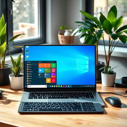 A modern desktop environment showcasing a Linux operating system on a sleek laptop