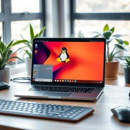 A modern desktop environment showcasing a Linux operating system on a sleek laptop