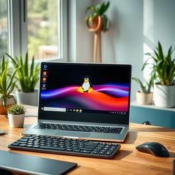 A modern desktop environment showcasing a Linux operating system on a sleek laptop