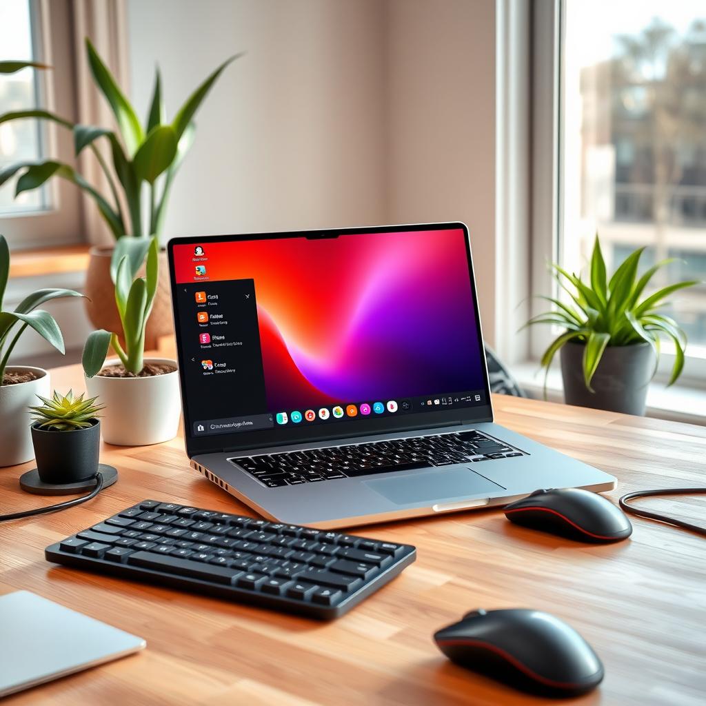 A modern desktop environment showcasing a Linux operating system on a sleek laptop