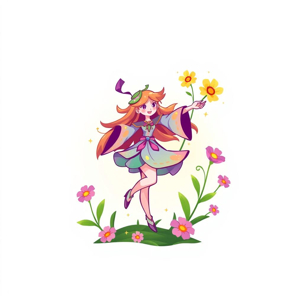 A dynamic logo design featuring a character that embodies the essence of a magical being, waving a staff to conjure beautiful flowers that bloom vibrantly around it