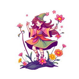 A dynamic logo design featuring a character that embodies the essence of a magical being, waving a staff to conjure beautiful flowers that bloom vibrantly around it