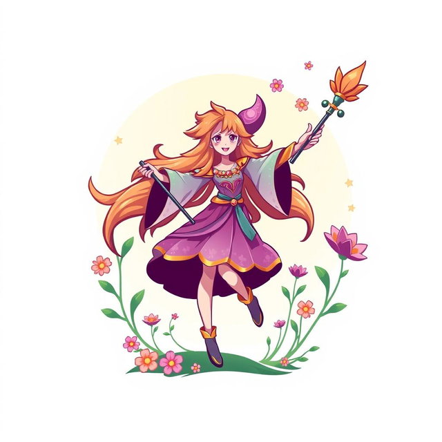 A dynamic logo design featuring a character that embodies the essence of a magical being, waving a staff to conjure beautiful flowers that bloom vibrantly around it