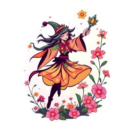 A dynamic logo design featuring a character that embodies the essence of a magical being, waving a staff to conjure beautiful flowers that bloom vibrantly around it