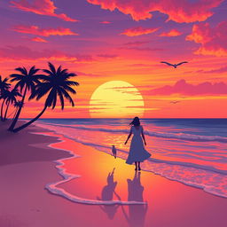 An illustration of a breathtaking sunset over a serene beach, transforming the sky into vibrant hues of orange, pink, and purple