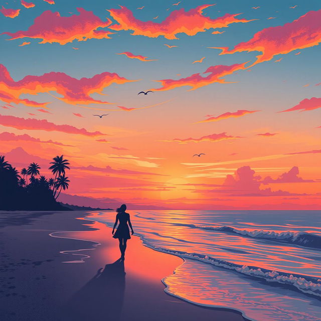 An illustration of a breathtaking sunset over a serene beach, transforming the sky into vibrant hues of orange, pink, and purple