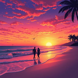 An illustration of a breathtaking sunset over a serene beach, transforming the sky into vibrant hues of orange, pink, and purple