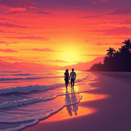 An illustration of a breathtaking sunset over a serene beach, transforming the sky into vibrant hues of orange, pink, and purple