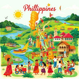 An illustrative collage that captures the vibrant culture and society of the Philippines, featuring iconic elements such as the traditional Barong Tagalog and colorful Filipiniana dresses, scenic landscapes like the rice terraces and beaches, cultural symbols like the jeepney and religious icons like the Santo Niño, local cuisine such as adobo and halo-halo, lively street festivals like Sinulog and Ati-Atihan, warm community gatherings, and representations of family and community life