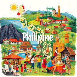 An illustrative collage that captures the vibrant culture and society of the Philippines, featuring iconic elements such as the traditional Barong Tagalog and colorful Filipiniana dresses, scenic landscapes like the rice terraces and beaches, cultural symbols like the jeepney and religious icons like the Santo Niño, local cuisine such as adobo and halo-halo, lively street festivals like Sinulog and Ati-Atihan, warm community gatherings, and representations of family and community life