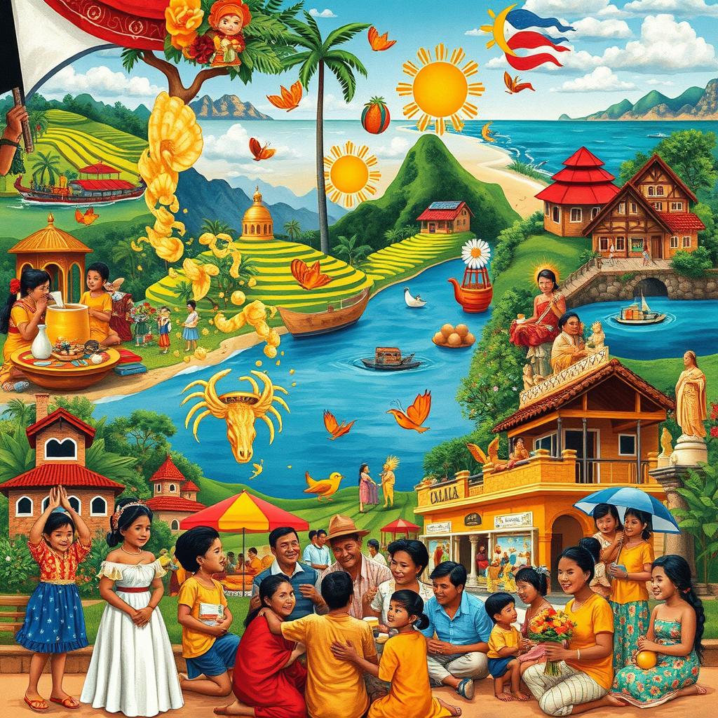 An illustrative collage that captures the vibrant culture and society of the Philippines, featuring iconic elements such as the traditional Barong Tagalog and colorful Filipiniana dresses, scenic landscapes like the rice terraces and beaches, cultural symbols like the jeepney and religious icons like the Santo Niño, local cuisine such as adobo and halo-halo, lively street festivals like Sinulog and Ati-Atihan, warm community gatherings, and representations of family and community life