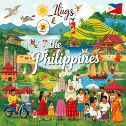 An illustrative collage that captures the vibrant culture and society of the Philippines, featuring iconic elements such as the traditional Barong Tagalog and colorful Filipiniana dresses, scenic landscapes like the rice terraces and beaches, cultural symbols like the jeepney and religious icons like the Santo Niño, local cuisine such as adobo and halo-halo, lively street festivals like Sinulog and Ati-Atihan, warm community gatherings, and representations of family and community life
