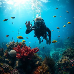 A scuba diver exploring the deep ocean, surrounded by a variety of colorful fish and vibrant marine life