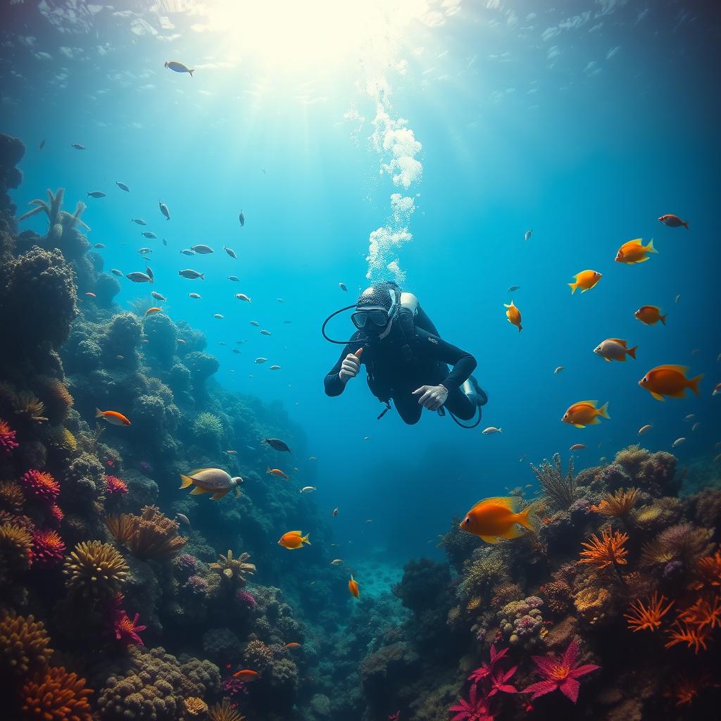 A scuba diver exploring the deep ocean, surrounded by a variety of colorful fish and vibrant marine life